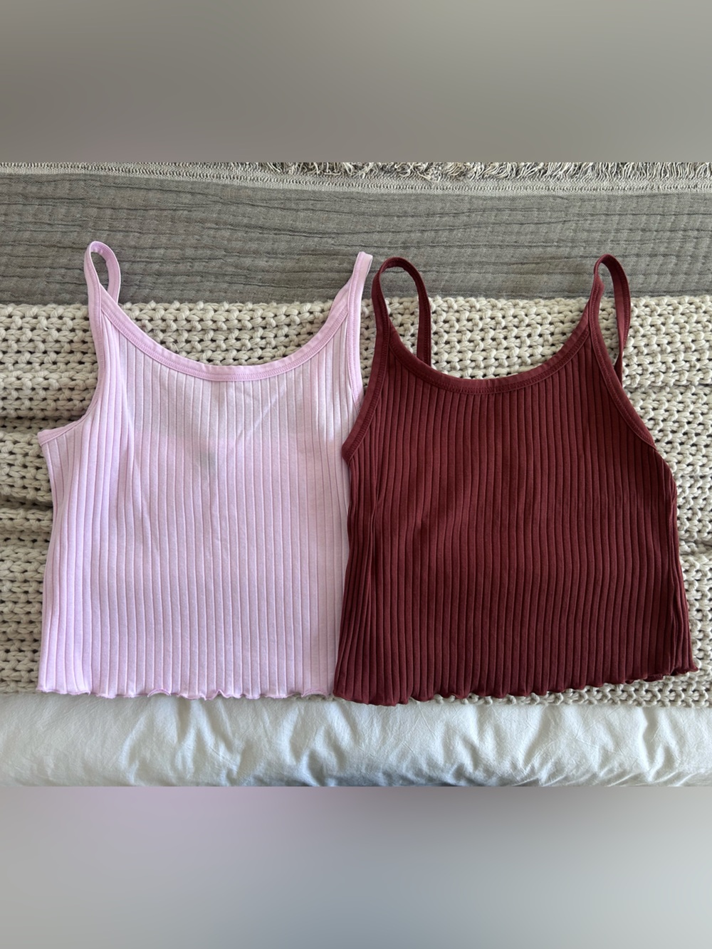 Ribbed Spaghetti Strap Crop Tops - Pink & Brown